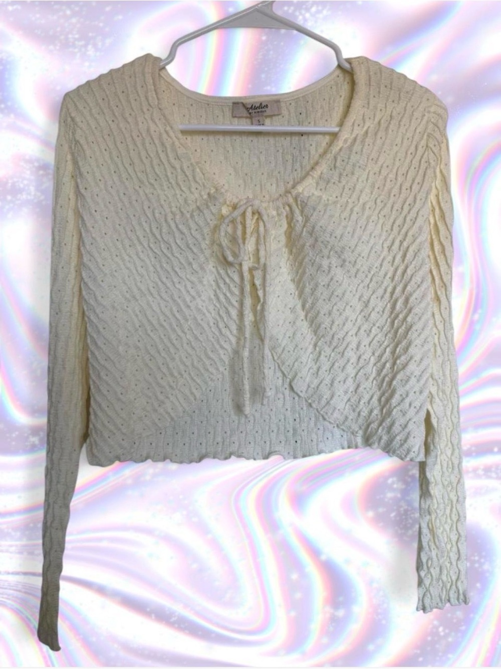 Atelier Sona Cream Cable Knit Tie-Front Cropped Sweater